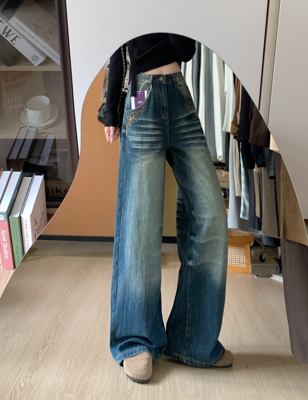 American style retro jeans washed loose long pants