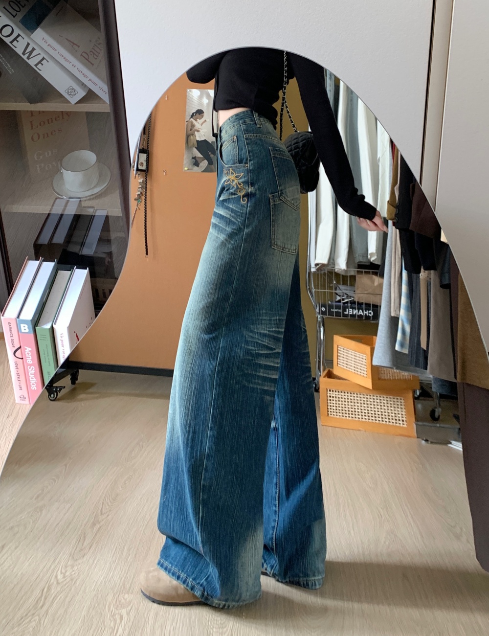 American style retro jeans washed loose long pants