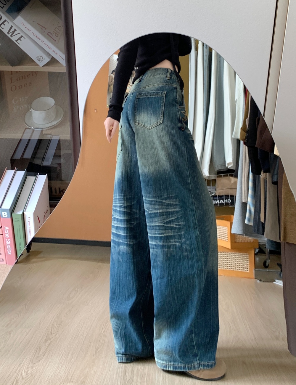 American style retro jeans washed loose long pants