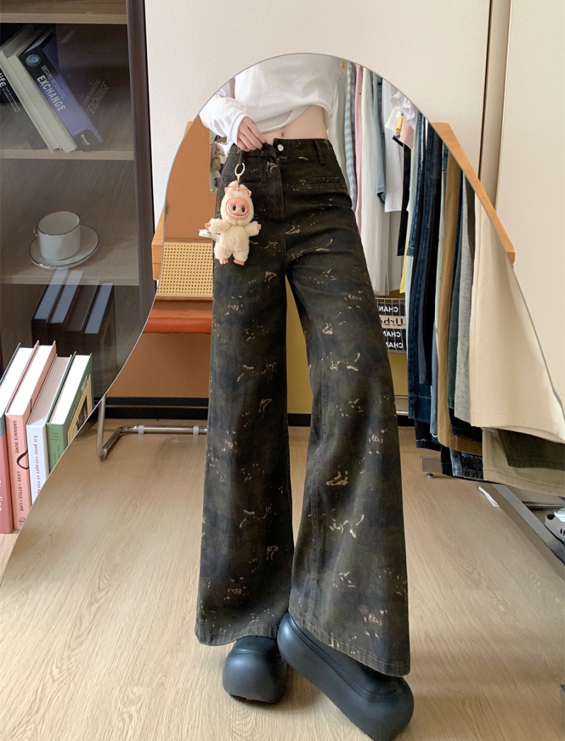 Camouflage high waist pants straight wide leg pants