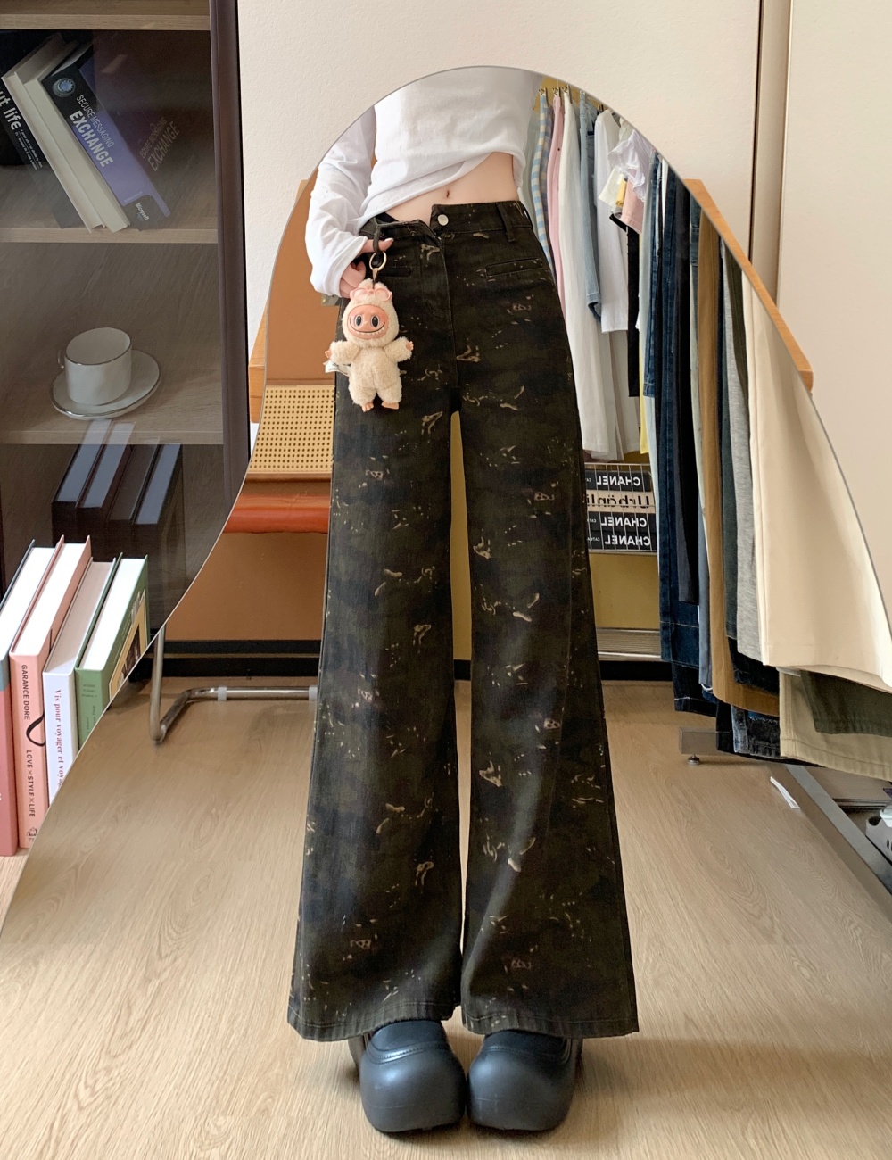 Camouflage high waist pants straight wide leg pants