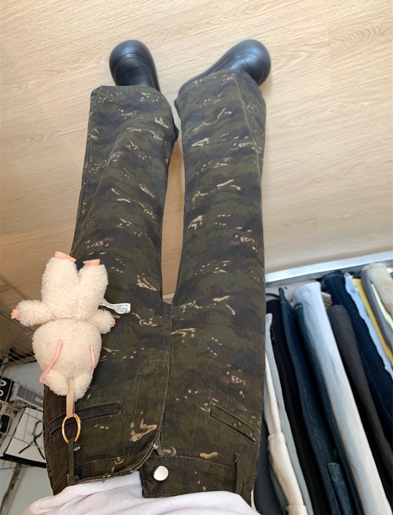 Camouflage high waist pants straight wide leg pants