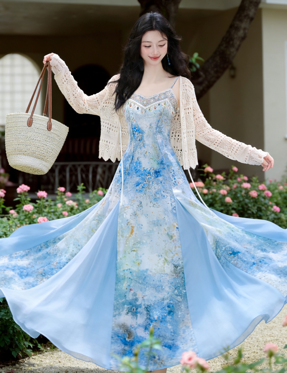 Travel vacation coat sling seaside dress 2pcs set