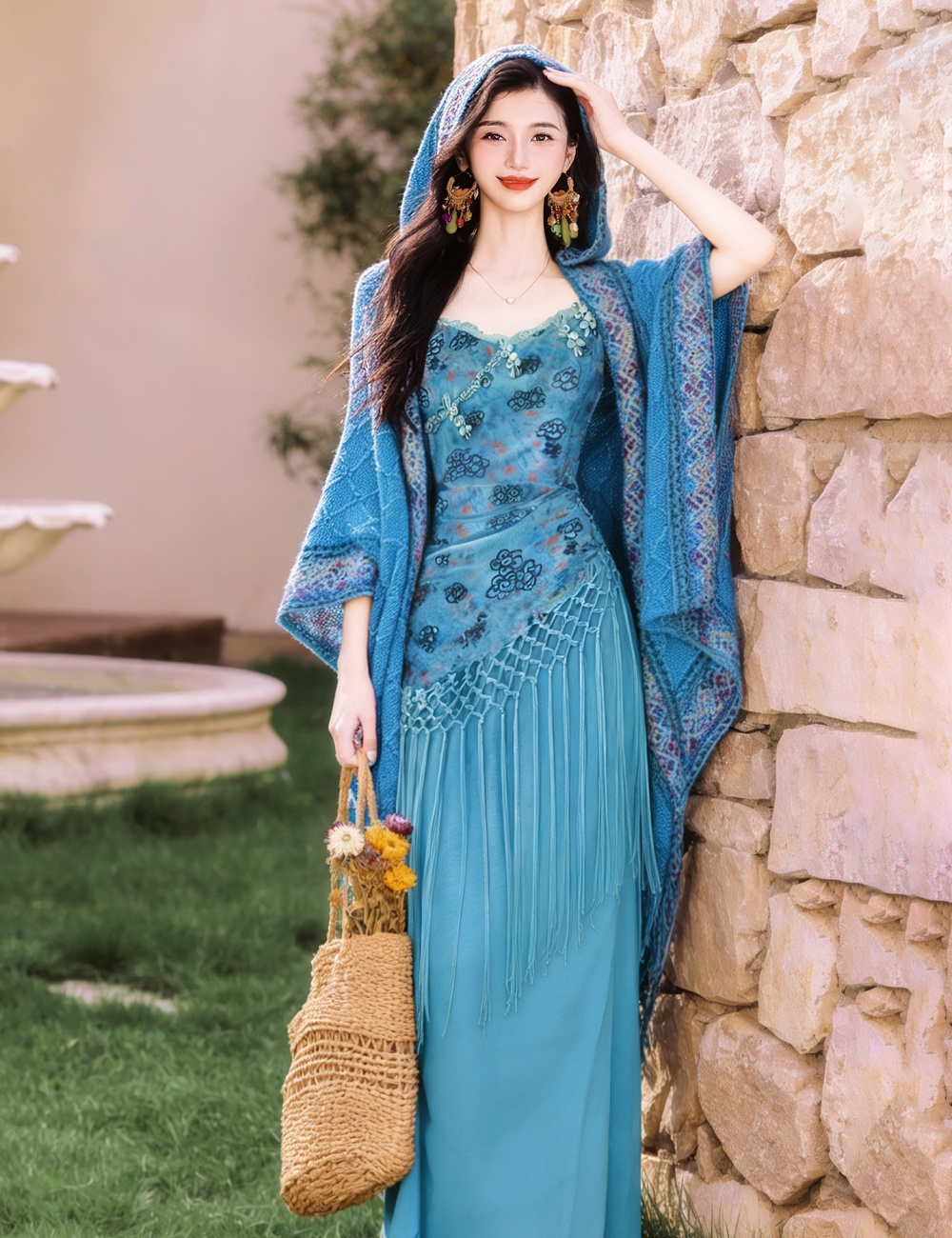 Collocation hooded vacation dress romantic shawl 2pcs set
