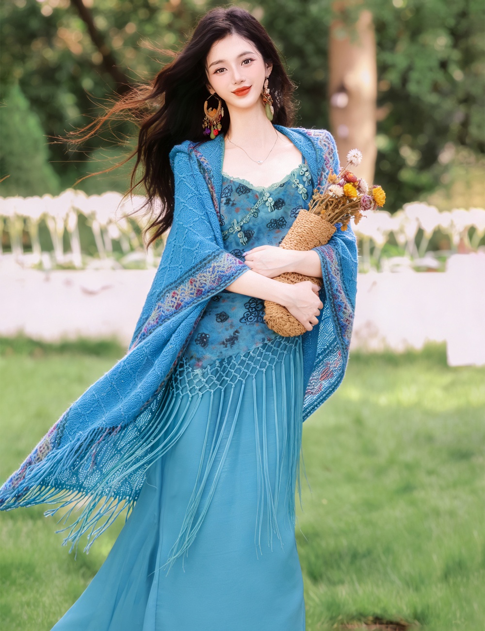 Collocation hooded vacation dress romantic shawl 2pcs set