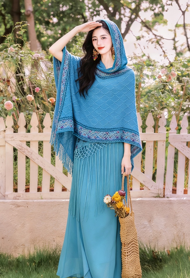 Collocation hooded vacation dress romantic shawl 2pcs set