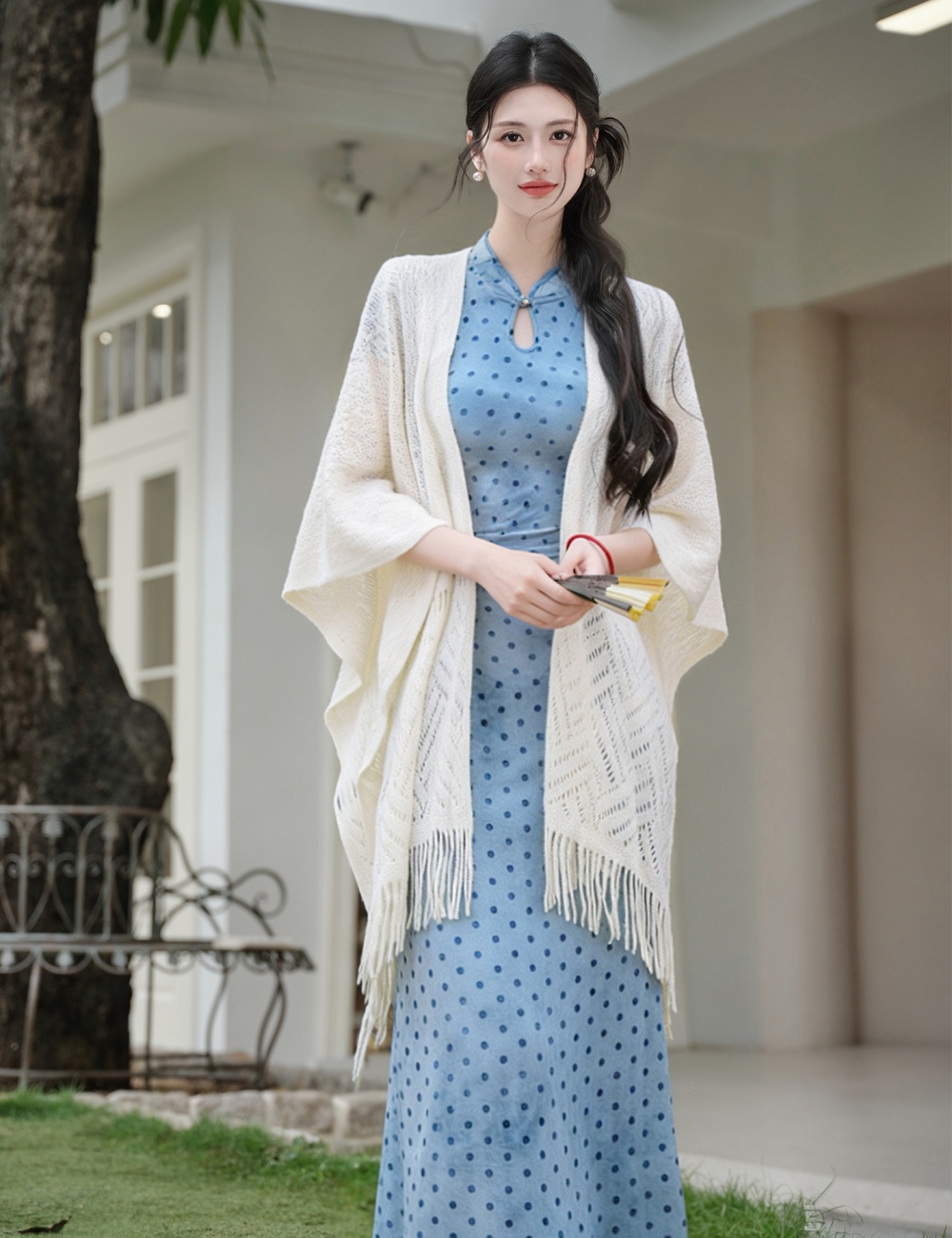 Elegant polka dot dress collocation white cheongsam a set