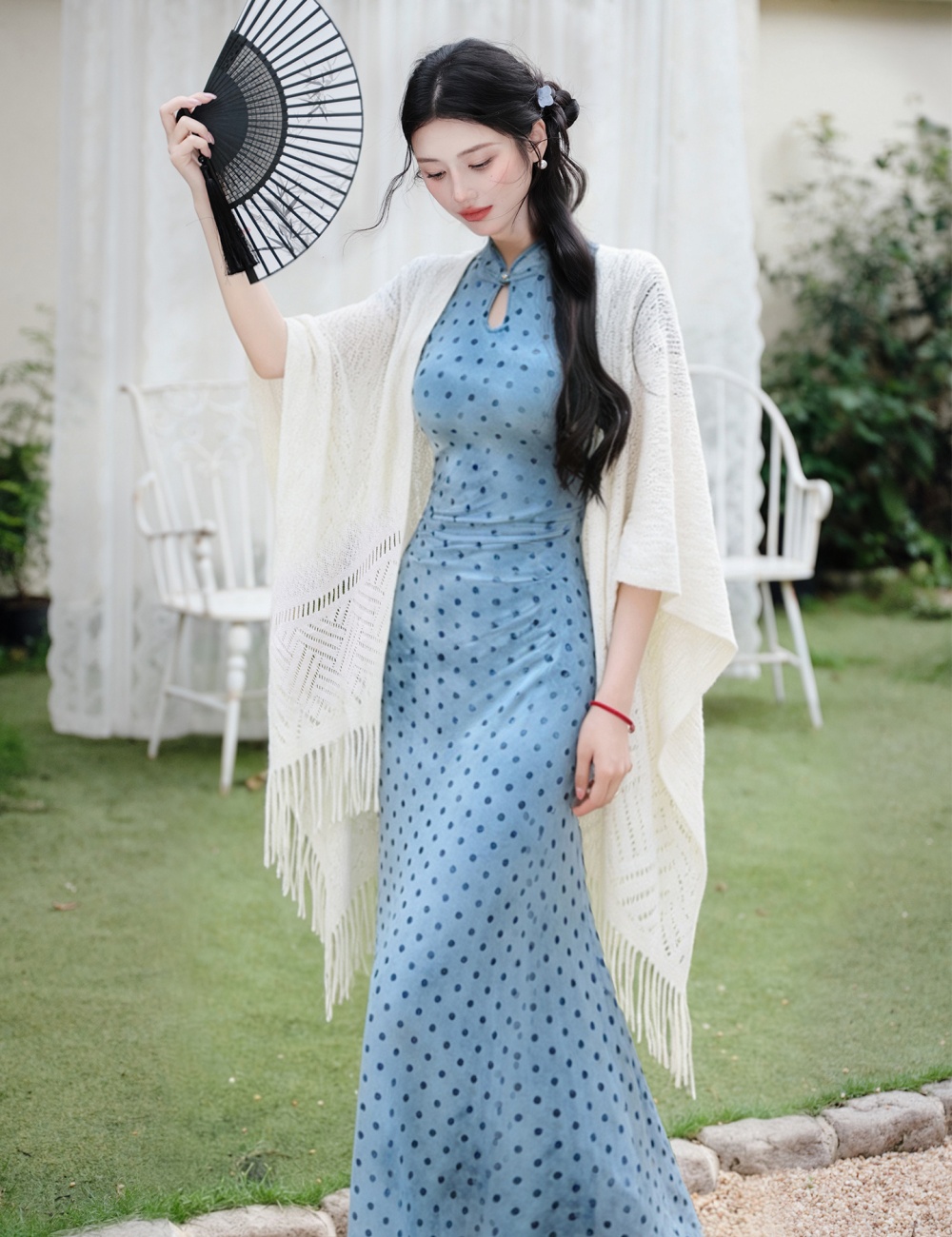 Elegant polka dot dress collocation white cheongsam a set