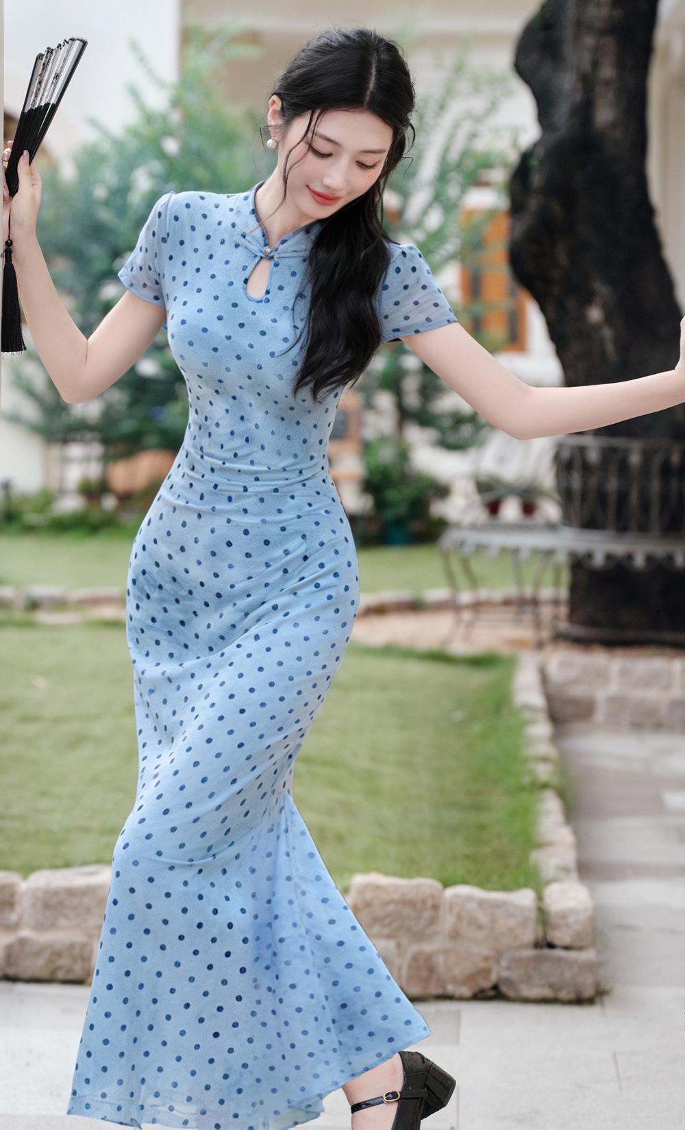 Elegant polka dot dress collocation white cheongsam a set
