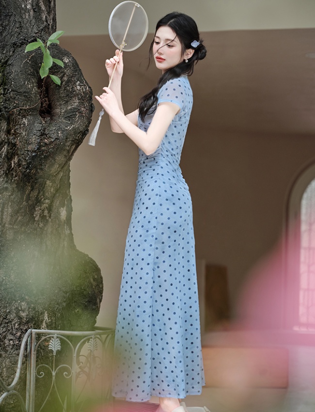 Elegant polka dot dress collocation white cheongsam a set