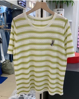 Stripe slim hollow T-shirt thin loose tops for women