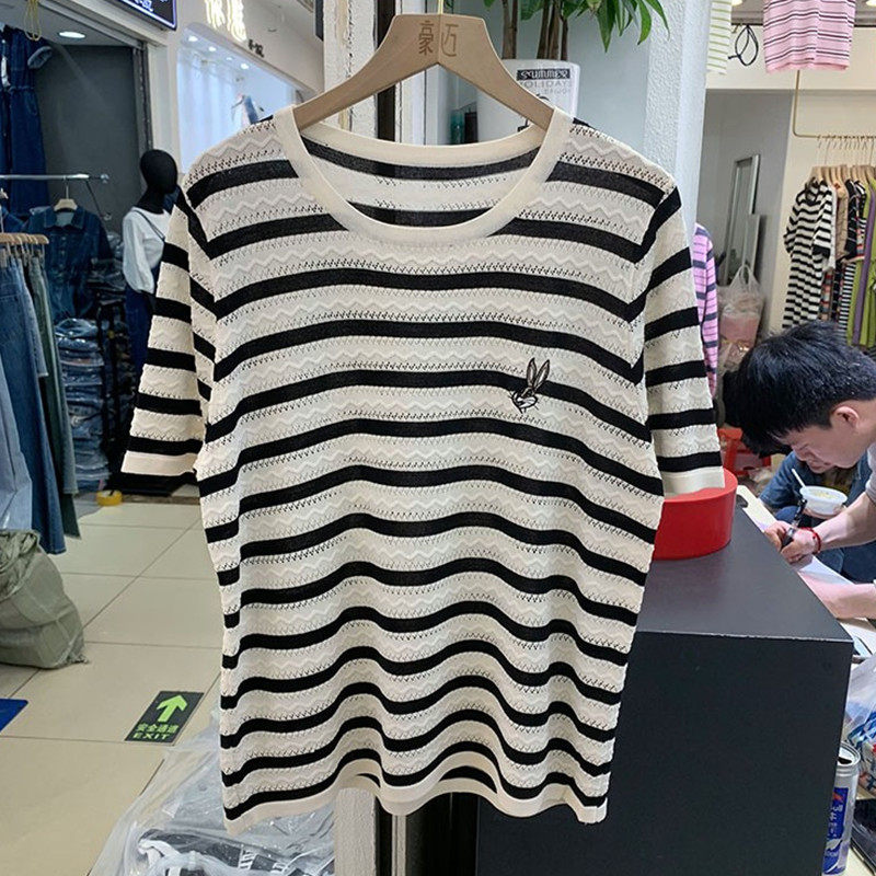 Stripe slim hollow T-shirt thin loose tops for women