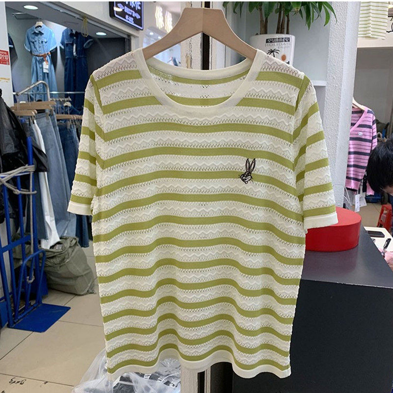 Stripe slim hollow T-shirt thin loose tops for women