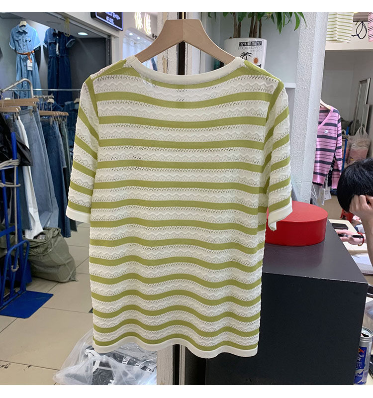 Stripe slim hollow T-shirt thin loose tops for women