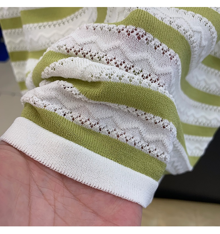 Stripe slim hollow T-shirt thin loose tops for women