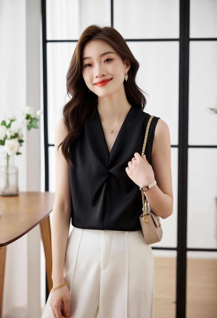 Korean style loose tops satin summer chiffon shirt for women