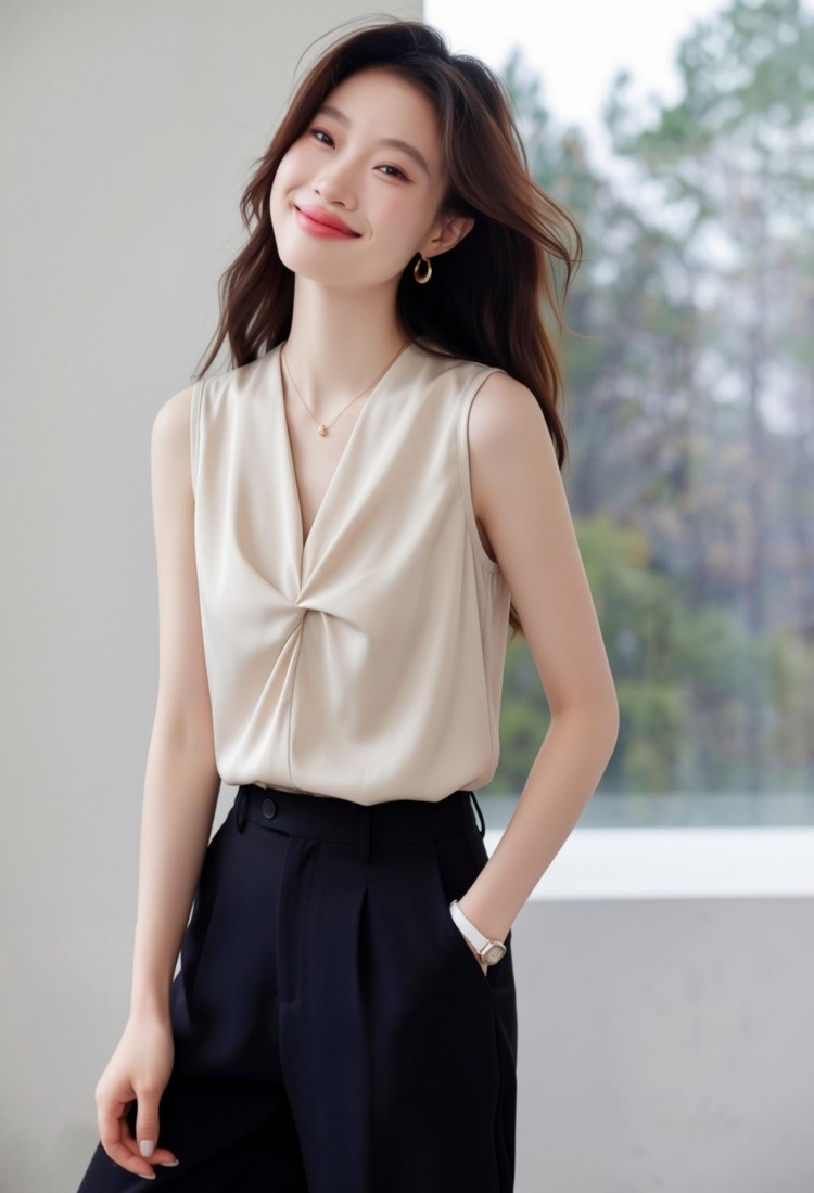 Korean style loose tops satin summer chiffon shirt for women