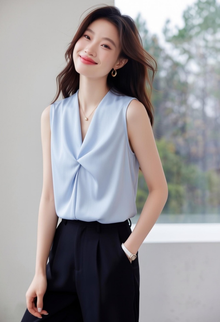 Korean style loose tops satin summer chiffon shirt for women