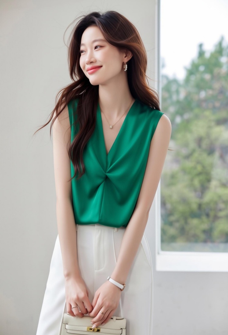 Korean style loose tops satin summer chiffon shirt for women