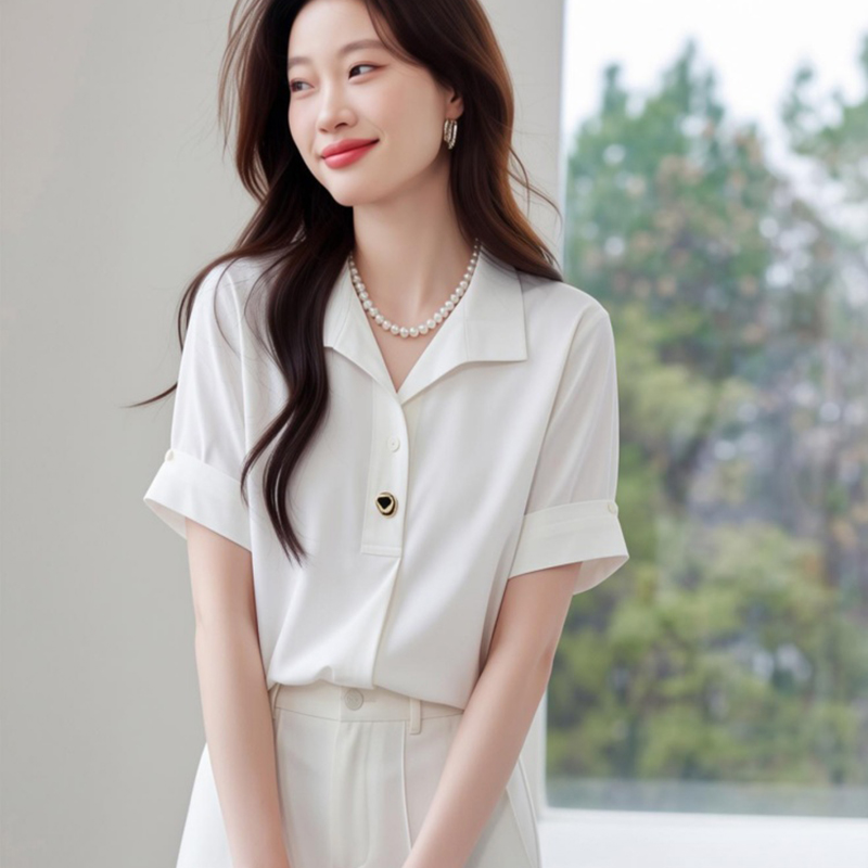 Satin metal buckles shirt loose chiffon shirt for women