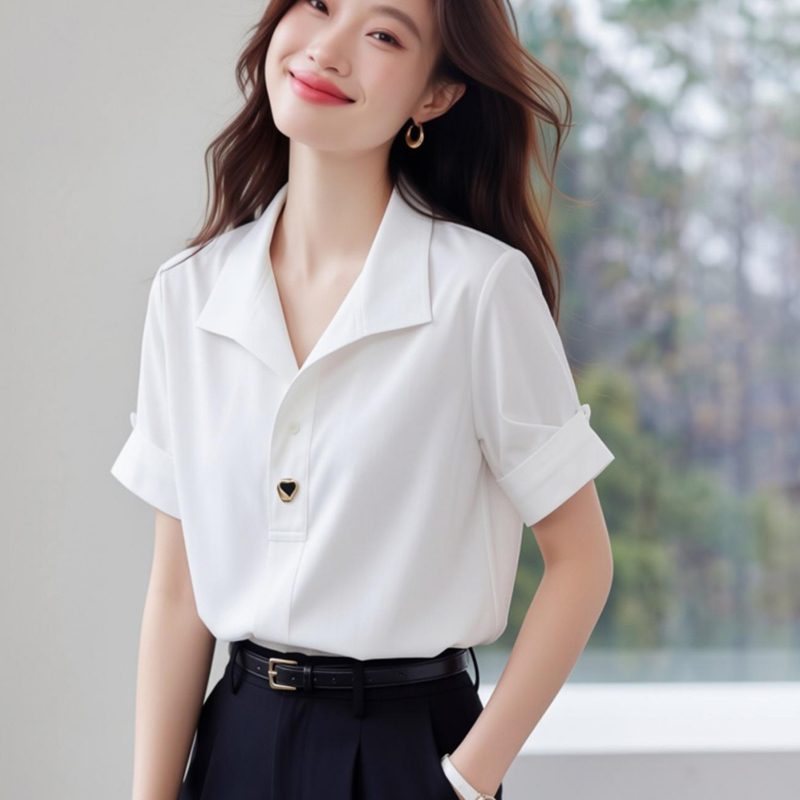 Satin metal buckles shirt loose chiffon shirt for women