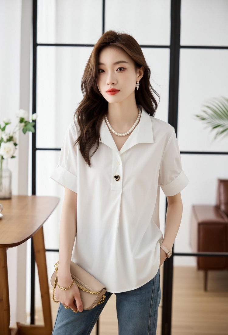 Satin metal buckles shirt loose chiffon shirt for women