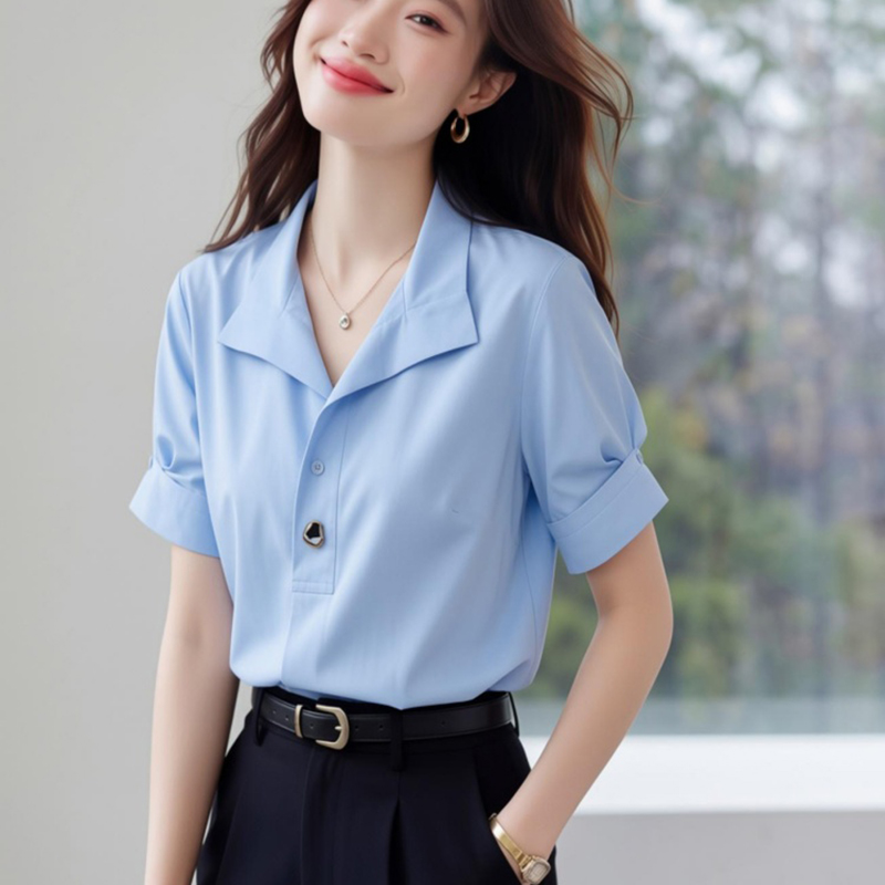 Satin metal buckles shirt loose chiffon shirt for women