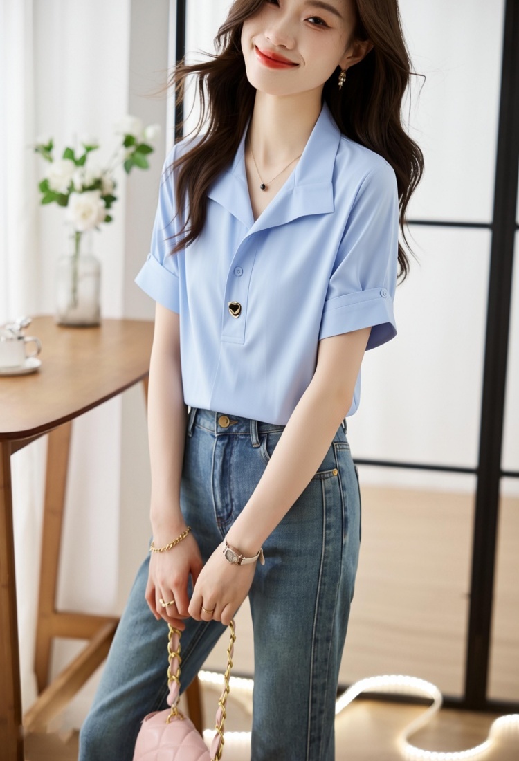Satin metal buckles shirt loose chiffon shirt for women