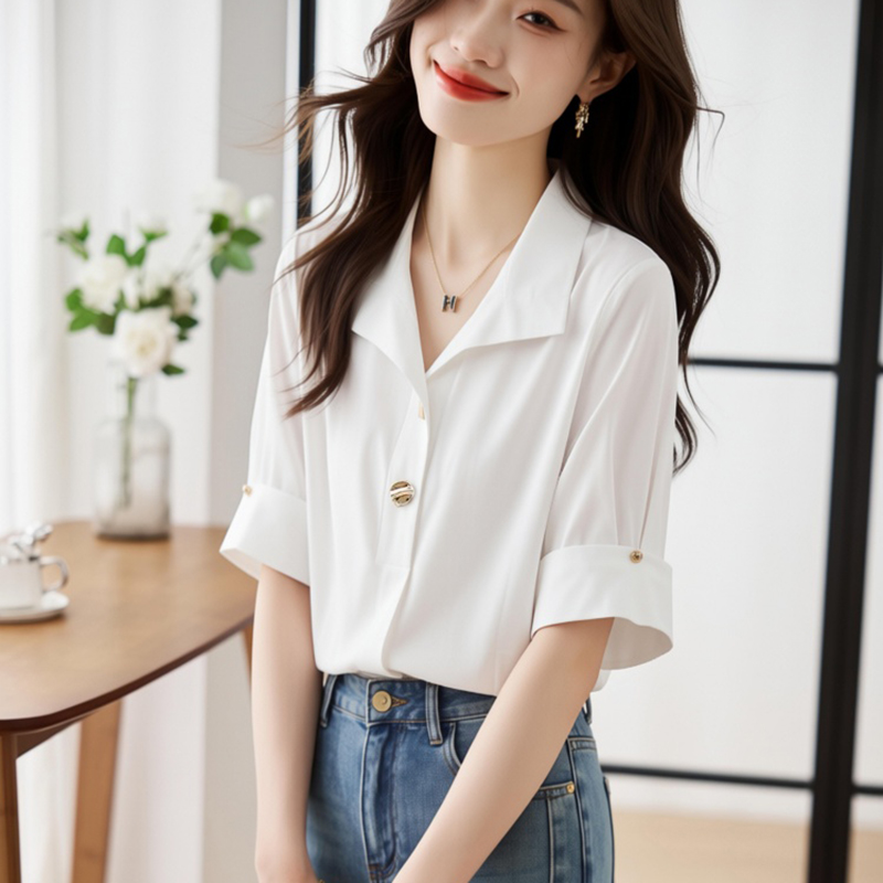 Short sleeve temperament shirt slim chiffon shirt