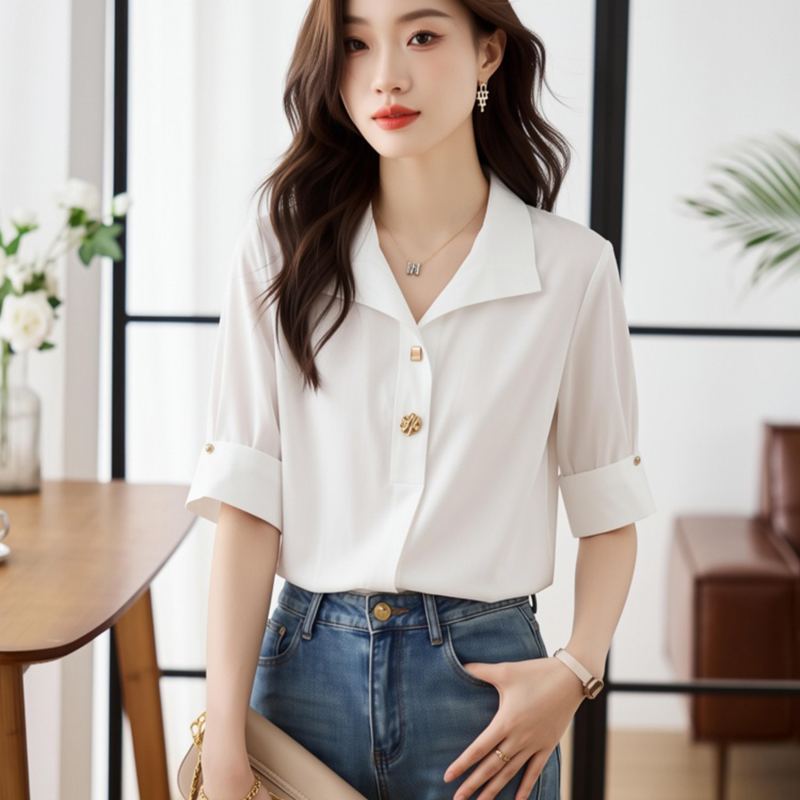 Short sleeve temperament shirt slim chiffon shirt