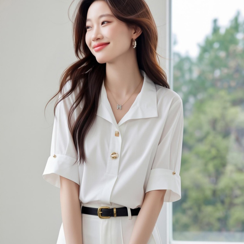Short sleeve temperament shirt slim chiffon shirt