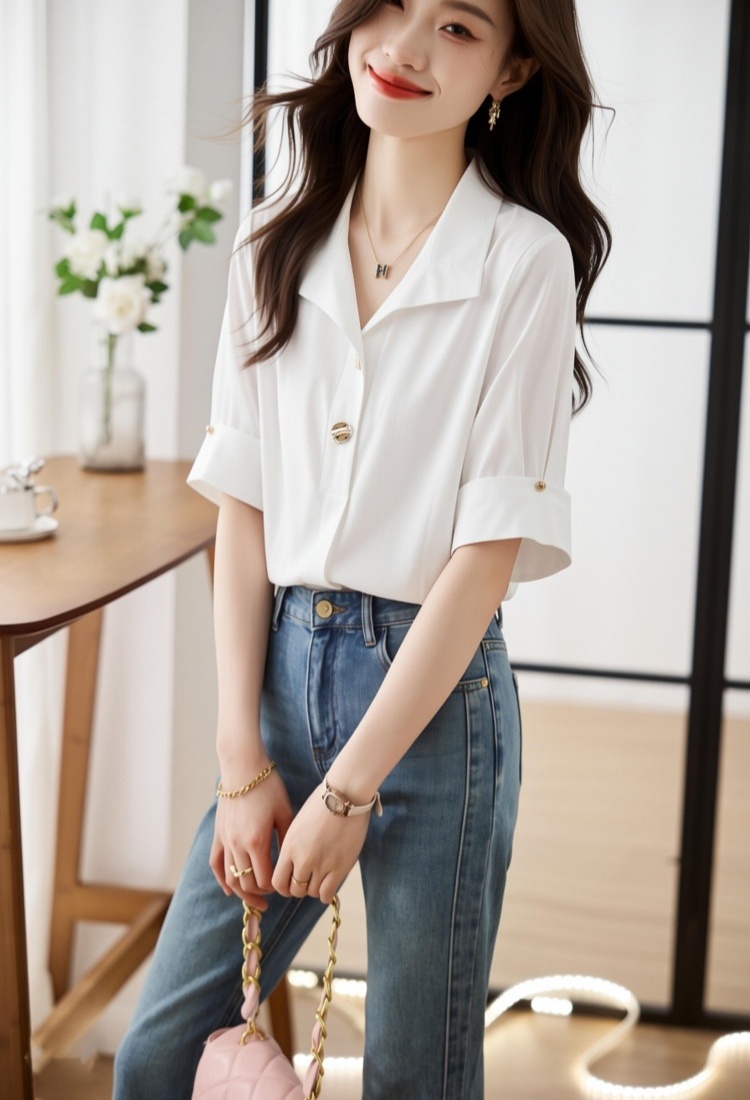 Short sleeve temperament shirt slim chiffon shirt
