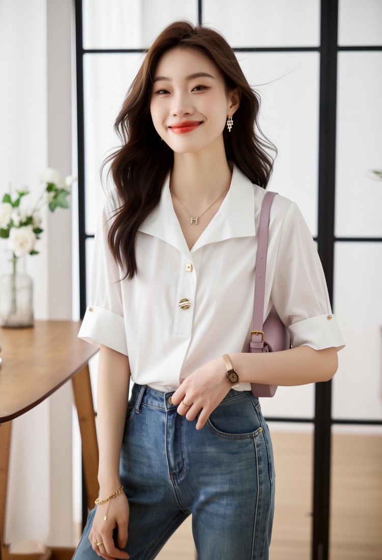 Short sleeve temperament shirt slim chiffon shirt