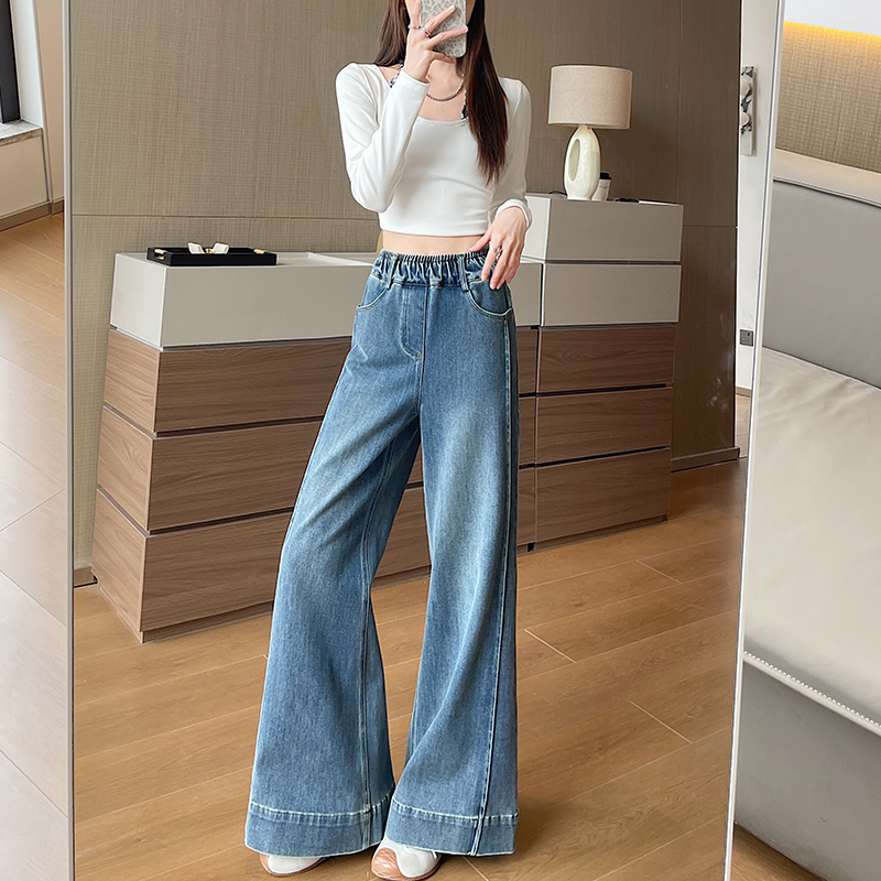 Spring temperament elasticity wide leg pants gold high waist pants