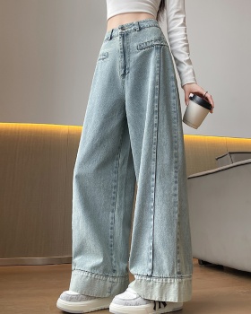 Retro straight long pants crimping spring jeans for women