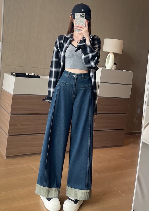 Retro straight long pants crimping spring jeans for women