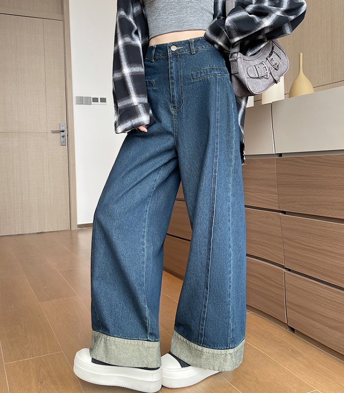 Retro straight long pants crimping spring jeans for women