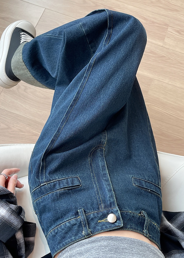 Retro straight long pants crimping spring jeans for women