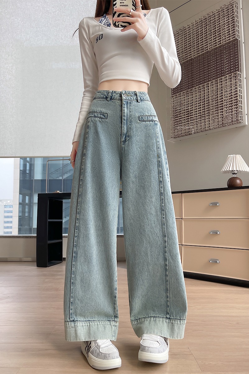 Retro straight long pants crimping spring jeans for women