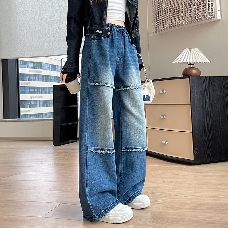 Blue niche burr high waist Korean style straight jeans for women