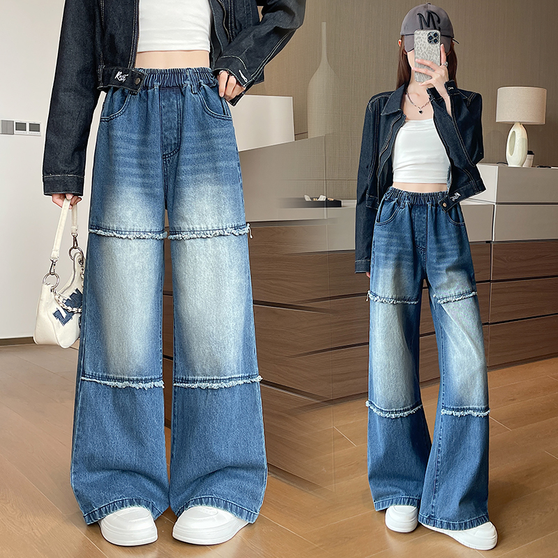 Blue niche burr high waist Korean style straight jeans for women