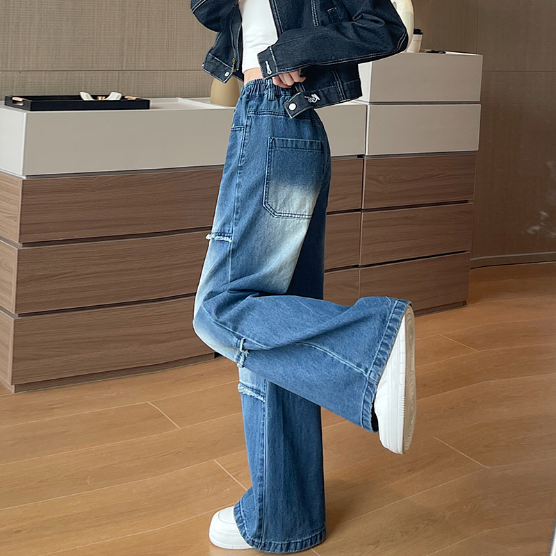 Blue niche burr high waist Korean style straight jeans for women