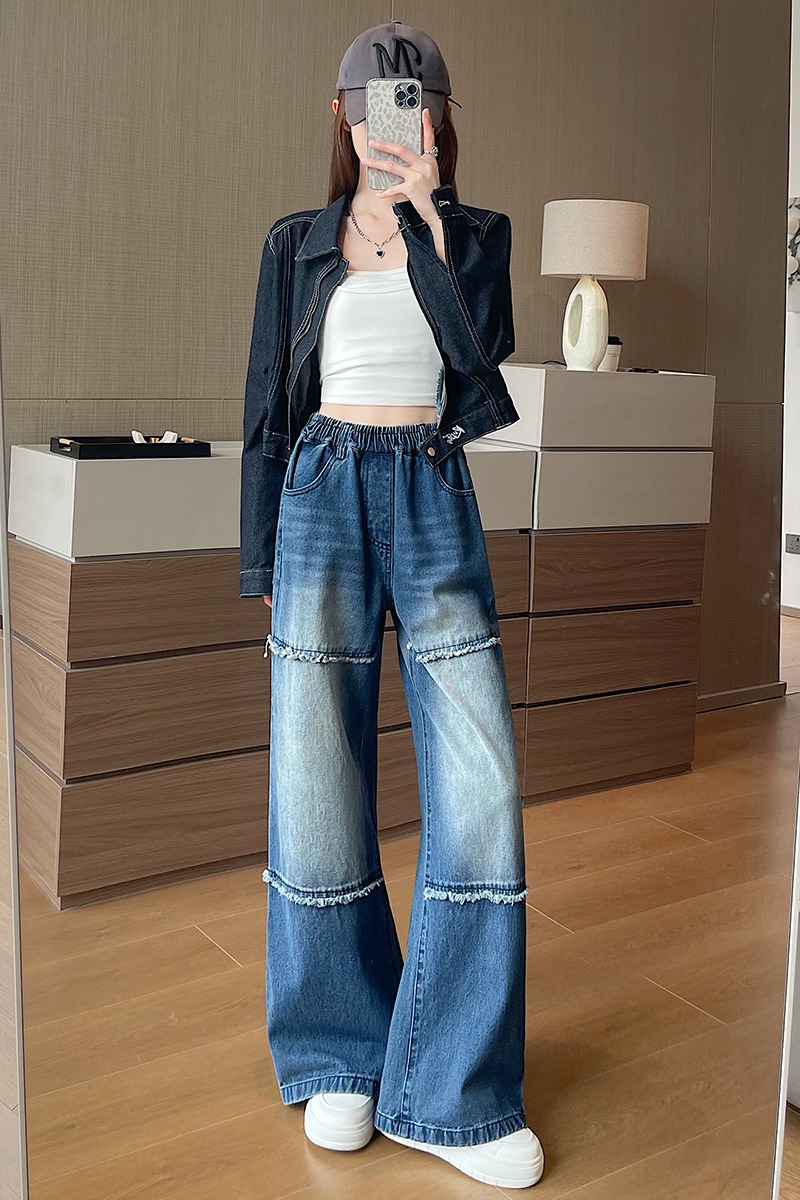 Blue niche burr high waist Korean style straight jeans for women