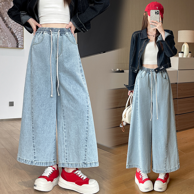 American style straight pants wide leg short jeans for women