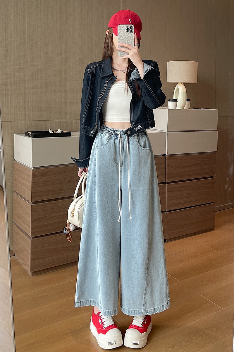 American style straight pants wide leg short jeans for women