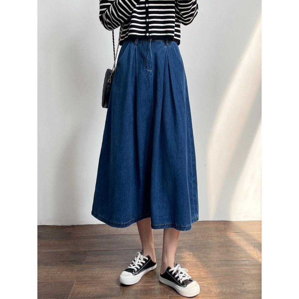 A-line long work clothing denim high waist skirt