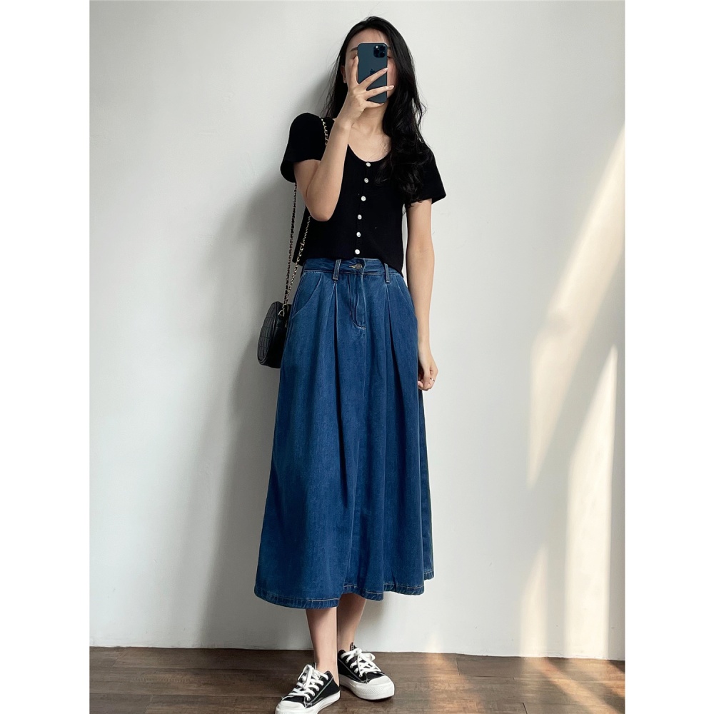 A-line long work clothing denim high waist skirt