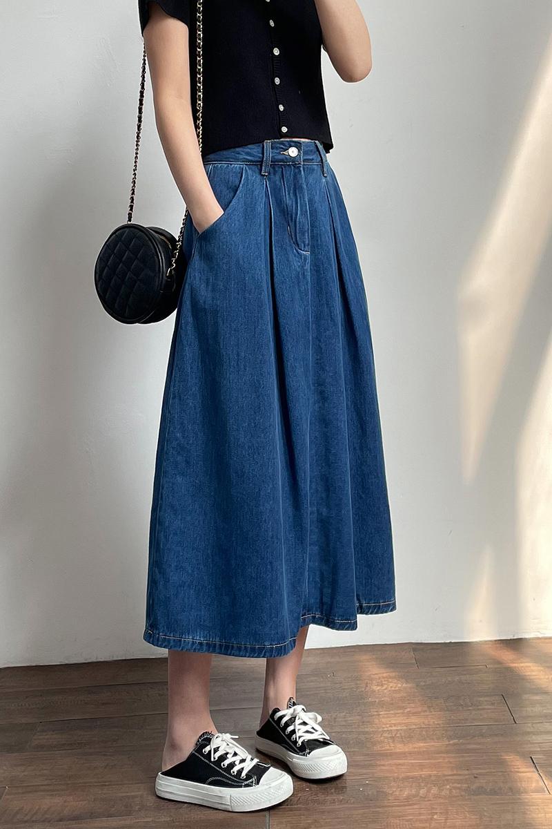 A-line long work clothing denim high waist skirt