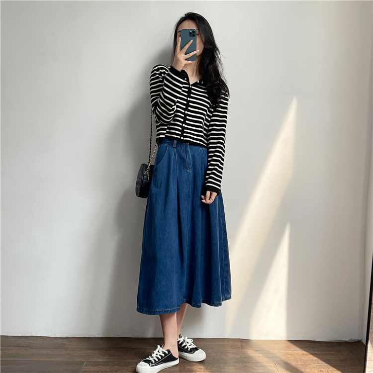 A-line long work clothing denim high waist skirt