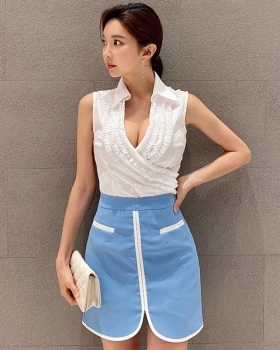 Sleeveless shirt mixed colors skirt 2pcs set for women
